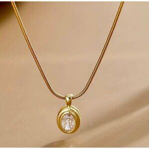 Gold Oval Crystal Pendant Necklace Solitaire Herringbone Chain Elegant Dainty